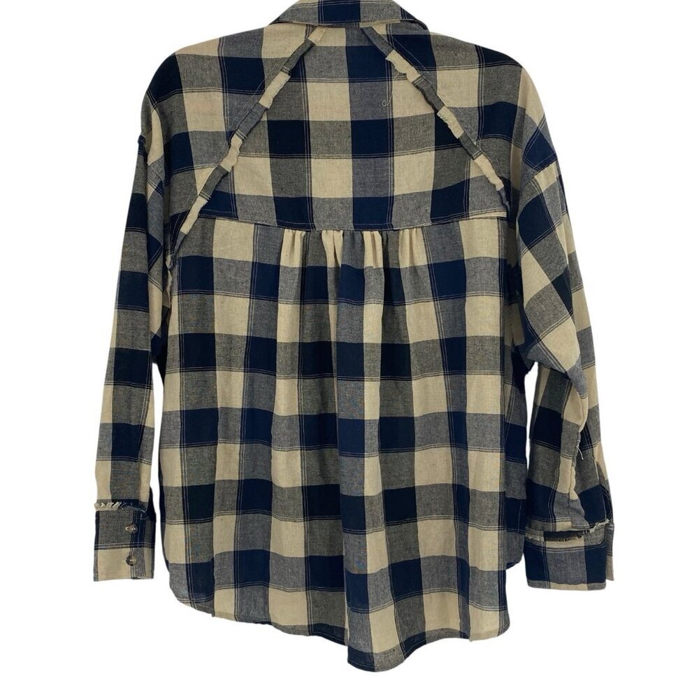 Easel Womens Small Plaid Frayed Oversized Shirt Beige Black Navy - Picture 2 of 10